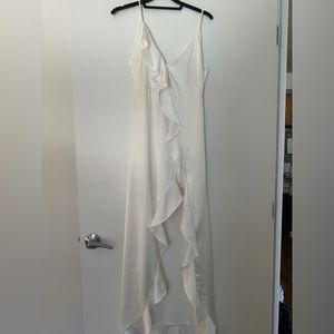 White satin ruffle boutique dress with slit